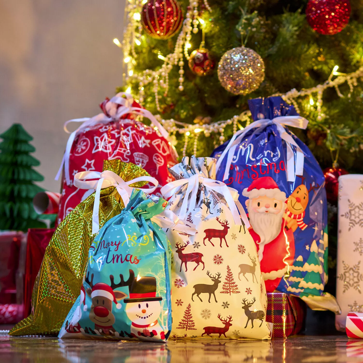 One-Tug Bags Christmas Drawstring Gift Bag Set