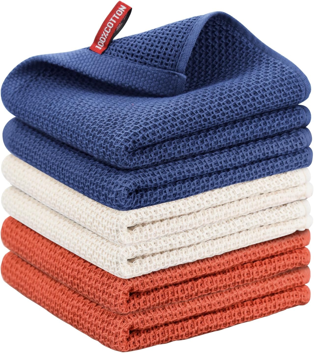 Nialnant 6 Pack Kitchen Towels and Dishcloths Sets,100% Cotton Soft Absorbent Quick Drying Dish Towels for Kitchen,Washing Dishes,12x12 Inches, Multi Color