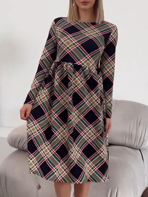 Women's Round Neck Plaid Print Dress