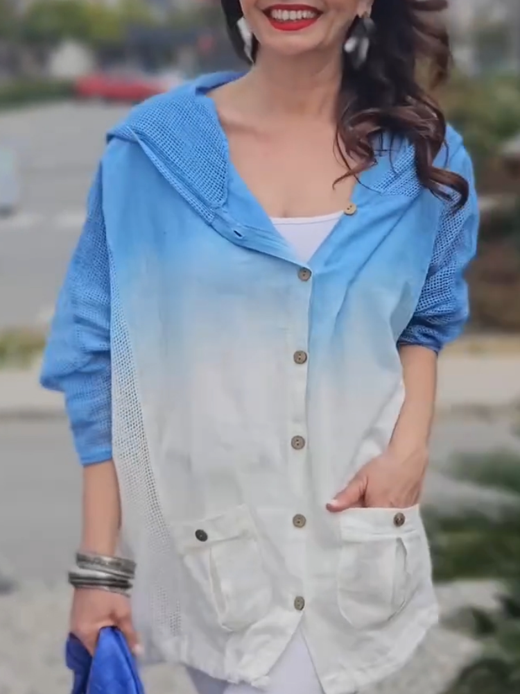 Women's Hooded Button Gradient Printed Casual Blouse