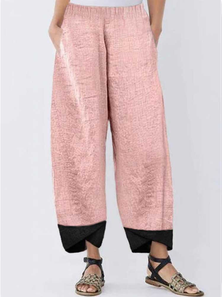 Women Cotton Linen Splicing Solid Color Irregular Pants