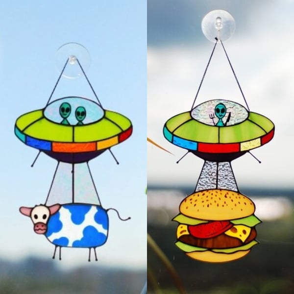 🛸UFO Abduction a Cow Stained Glass Suncatcher