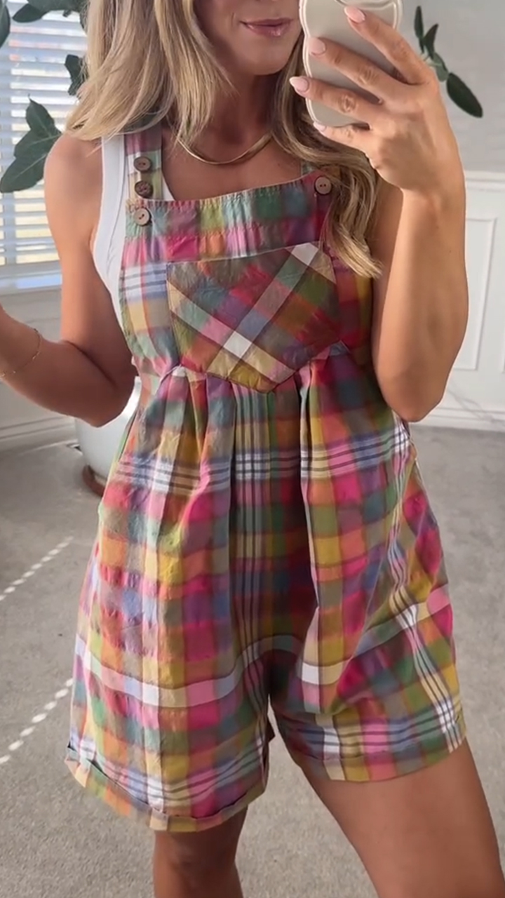 Women's Double Pocket Colorful Plaid Casual Overalls