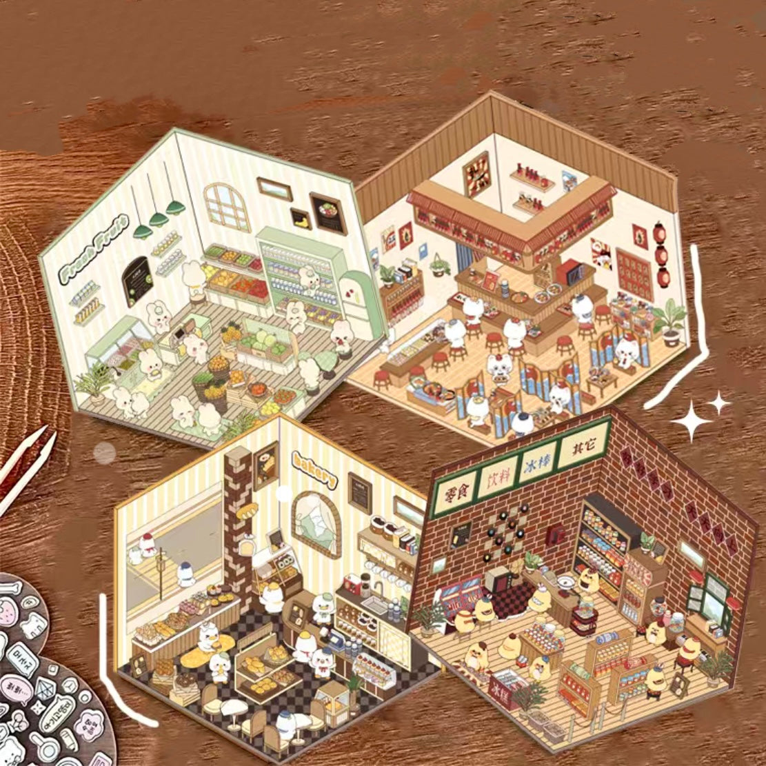 Sticker Play Scenes! Build 3D Izakaya|Chinese Convenience Store|Fresh Fruit|Bakery Shop