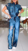 Women's Zipper Printed Lace-up Casual Jumpsuit