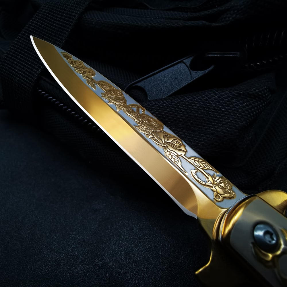 ⏰FREE SHIPPING NOW🔥🌹Vintage Luxury Gold Rose Design Spring Assisted Open EDC Blade Folding Survival Pocket Knife