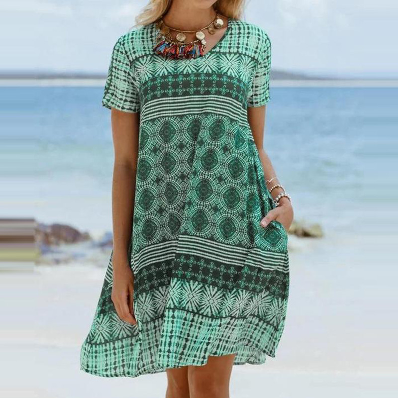 Print medium length dress with short sleeves and round neck