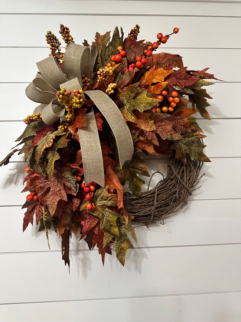 🍁Fall Harvest Sale: 60% OFF! Fall Maple Leaves Wreath, Small Autumn Front door wreath, wreath with berries and peonies, Thanksgiving Harvest Grapevine
