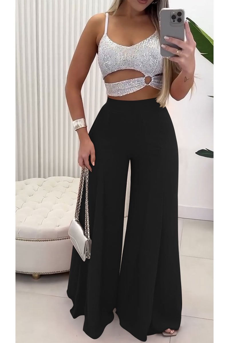 Women's Sexy Sequined Hollow Irregular Tank Top & Casual Wide Leg Pants