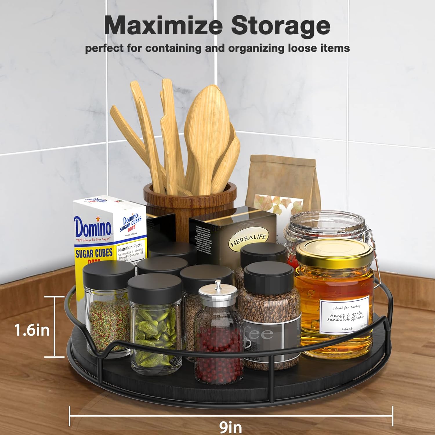 Lazy Susan Turntable Organizer for Cabinet Pantry Kitchen Countertop Refrigerator Cupboard, Pine Wood, 9