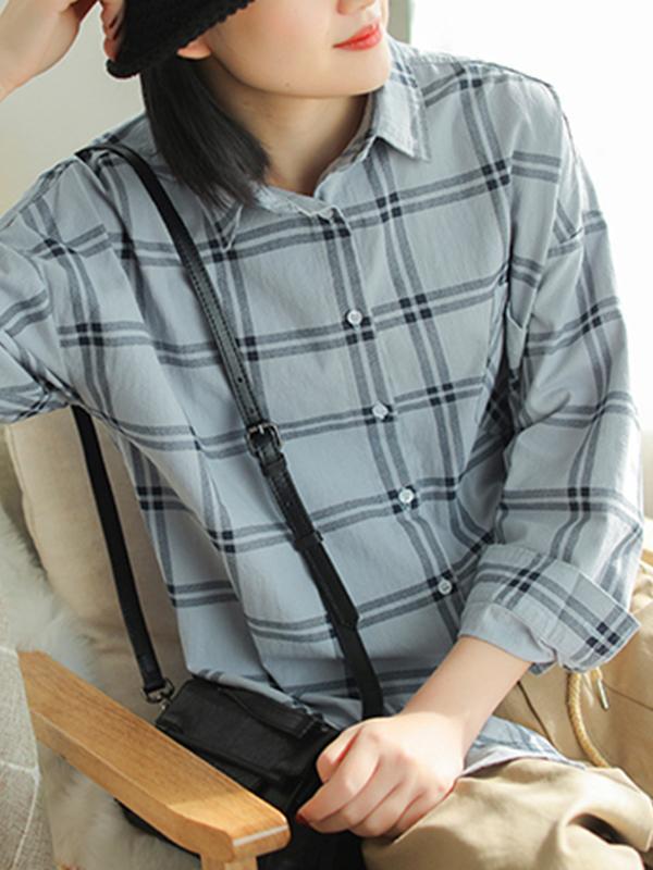 Hilary Lapel Polo Collar Vintage Matching Plaid Print Single-breasted Baggy Cotton Shirt