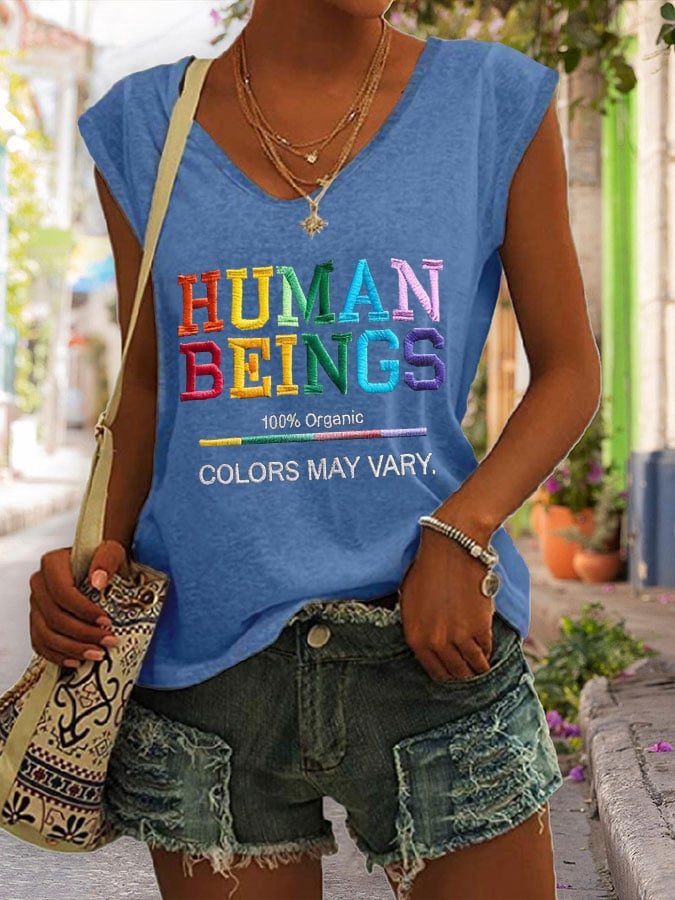 V Neck Retro Human Beings 100% Organic Colors May Vary Human Rights Equality Pride Print Tank Tops
