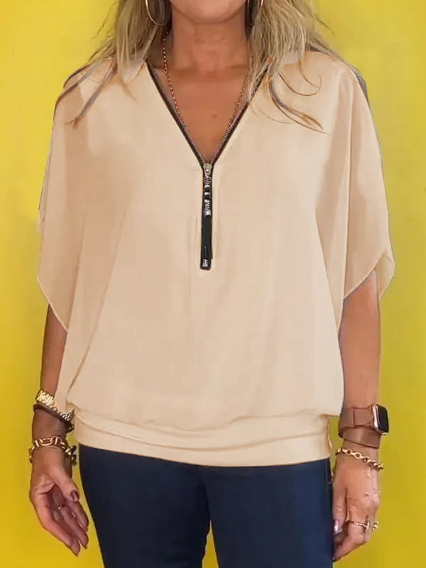 Women Chiffon Half-zip Short-sleeved Casual Shirt & Top