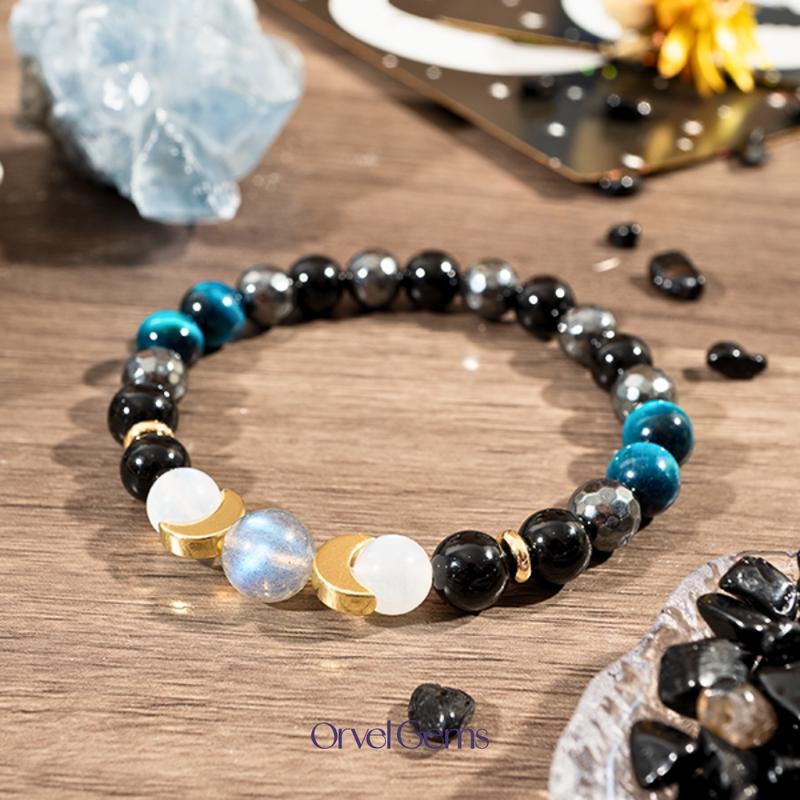 Triple Moon Protection Bracelet – Moonstone, Black Obsidian, Blue Tiger’s Eye, Hematite & Tourmalinated Quartz