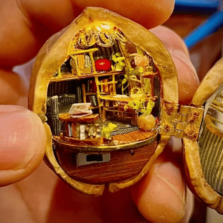 Handmade.🏠Walnut Shell doll house--mini library, tiny World inside walnuts