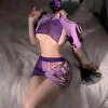 Purple Retro Cheongsam Lingerie Set | Sexy Qipao Corset Top & Sheer Mesh Skirt | Open Cup Bust Chain Detail | Floral Lace Teddy & G-String | Exotic Boudoir Outfit for Women PPF0343