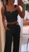 Women's Fashion Solid Color Suspender V-Neck Top Wide Leg Casual Pants Two-Piece Set