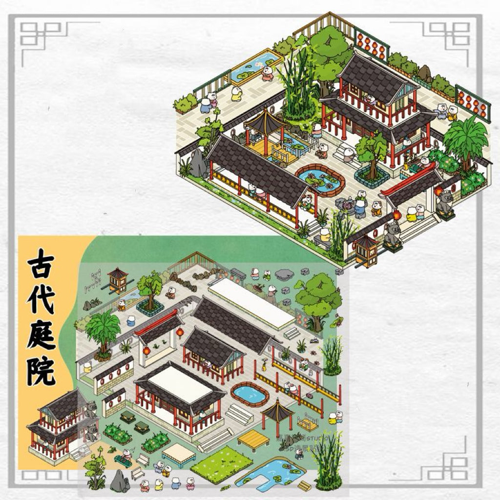 Ancient Chinese Architecture 3D Sticker Scenes, Build Chinese Garden Ancient Market