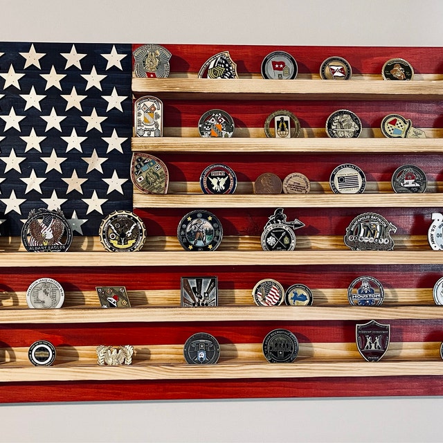 🔥Rustic American Flag Challenge Coin Display Shelf, Wooden Flag- Buy 2 Get Extra 10% Off