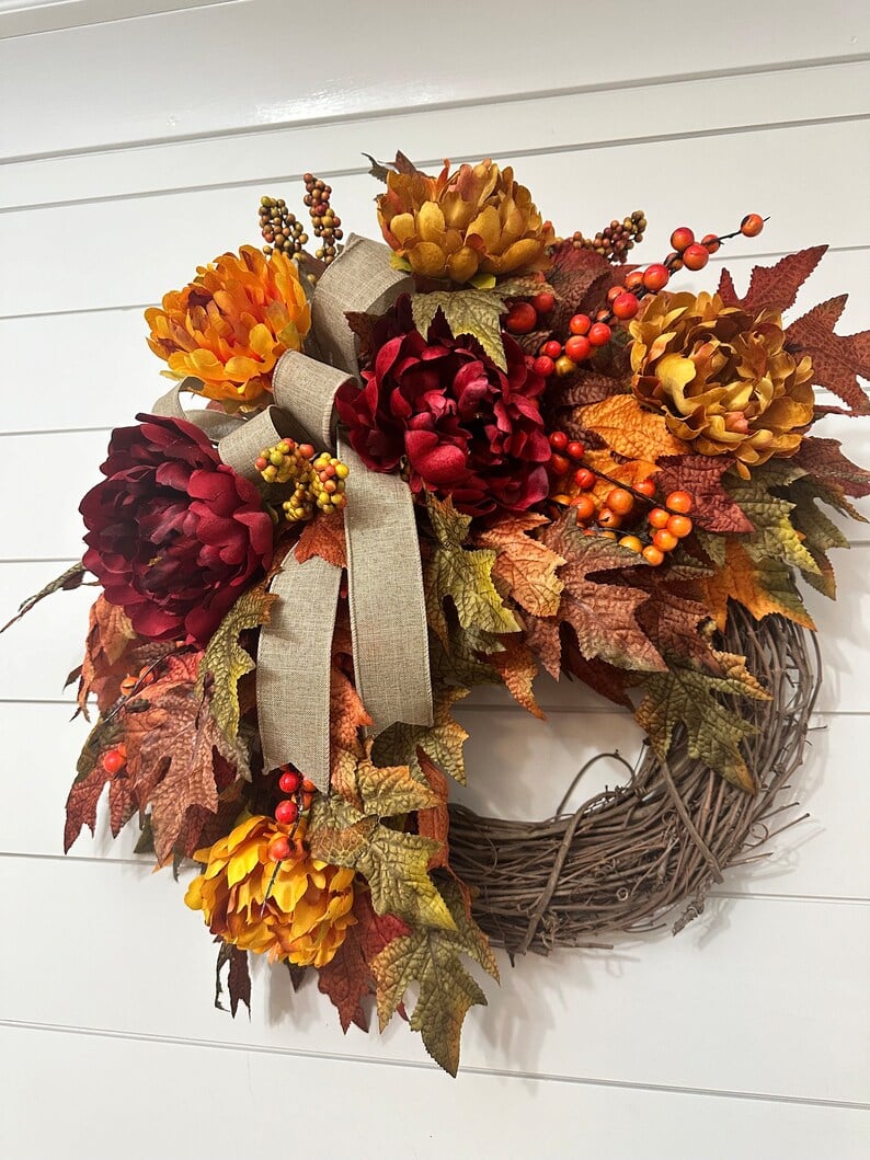 🍁Fall Harvest Sale: 60% OFF! Fall Maple Leaves Wreath, Small Autumn Front door wreath, wreath with berries and peonies, Thanksgiving Harvest Grapevine