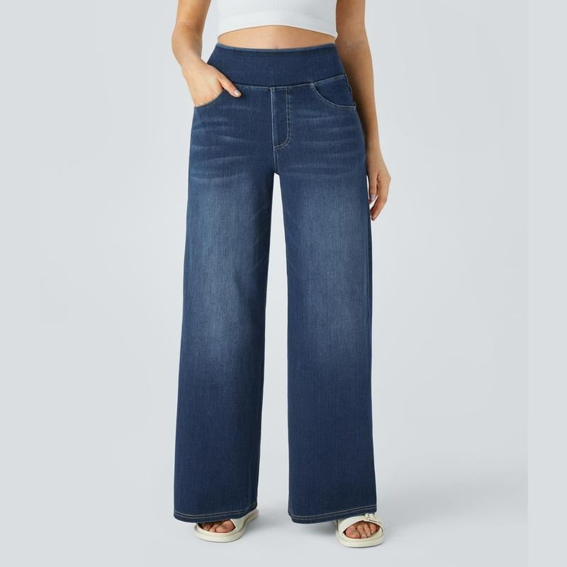 📢Letzter Tag: 49% Rabatt🏆Damen High-Waist Baggy Weite Bein Stretch Strick-Jeans – Bequeme Casual Denim