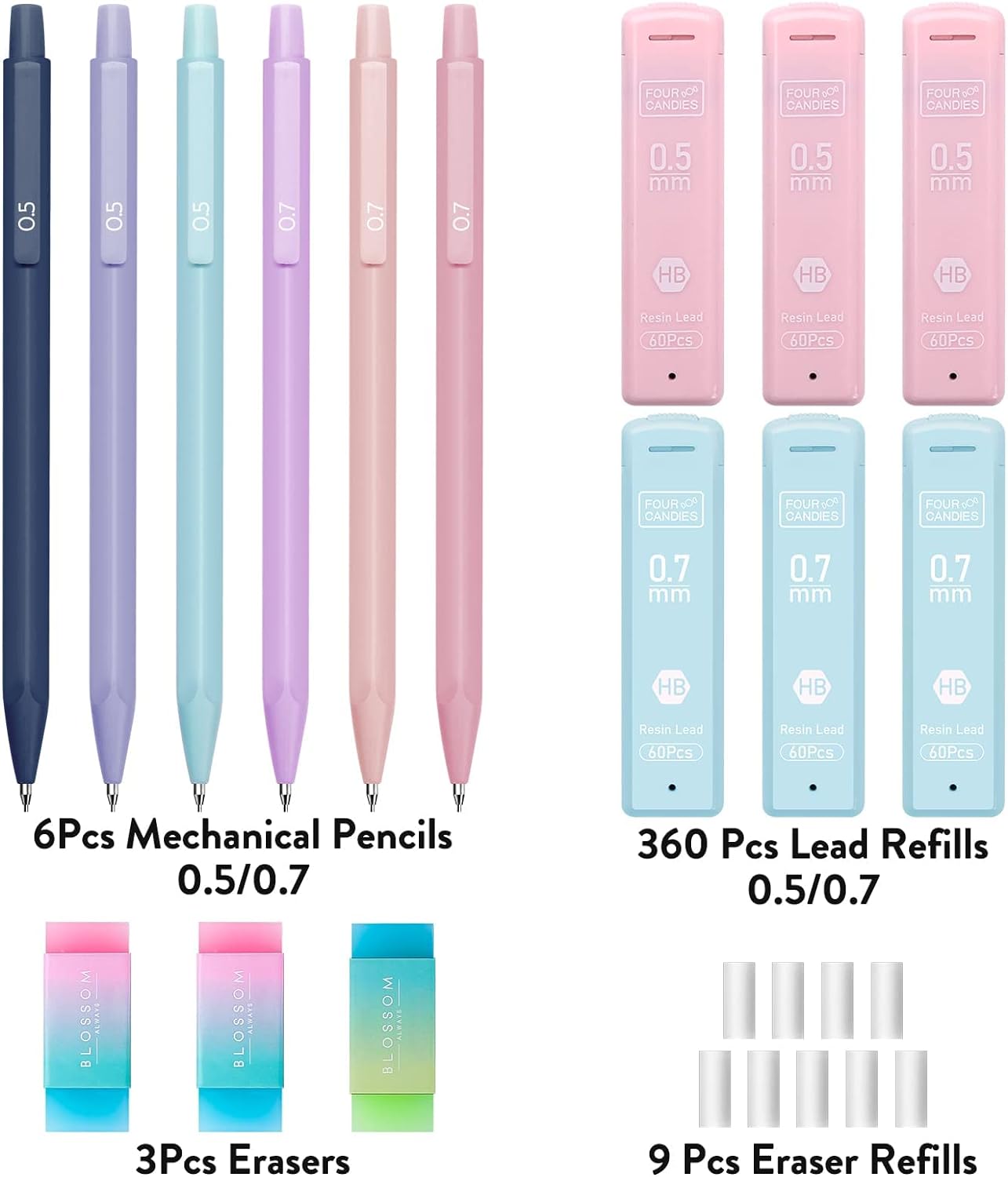 Four Candies Cute Mechanical Pencil Set, 6PCS Pastel Mechanical Pencils 0.5 & 0.7mm with 360PCS HB Pencil Leads, 3PCS Erasers and 9PCS Eraser Refills, Aesthetic Mechanical Pencils for Girls Writing