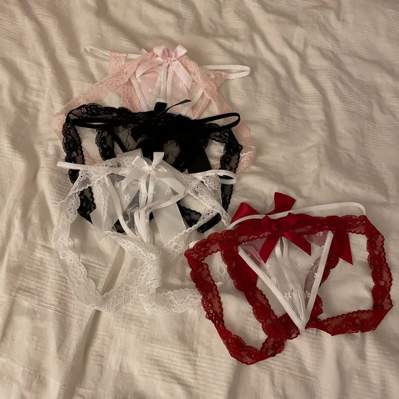 Sexy Bow Back Lace Panties - Cute Cheeky Underwear with Butt Lifting Design | Sheer Lingerie for Women in Black/Red/Pink/White PPF0344