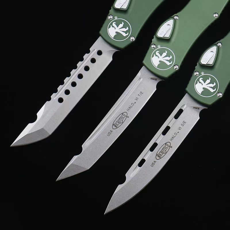 OTF micro-tech green handle Halo 6 lever straight jump knife