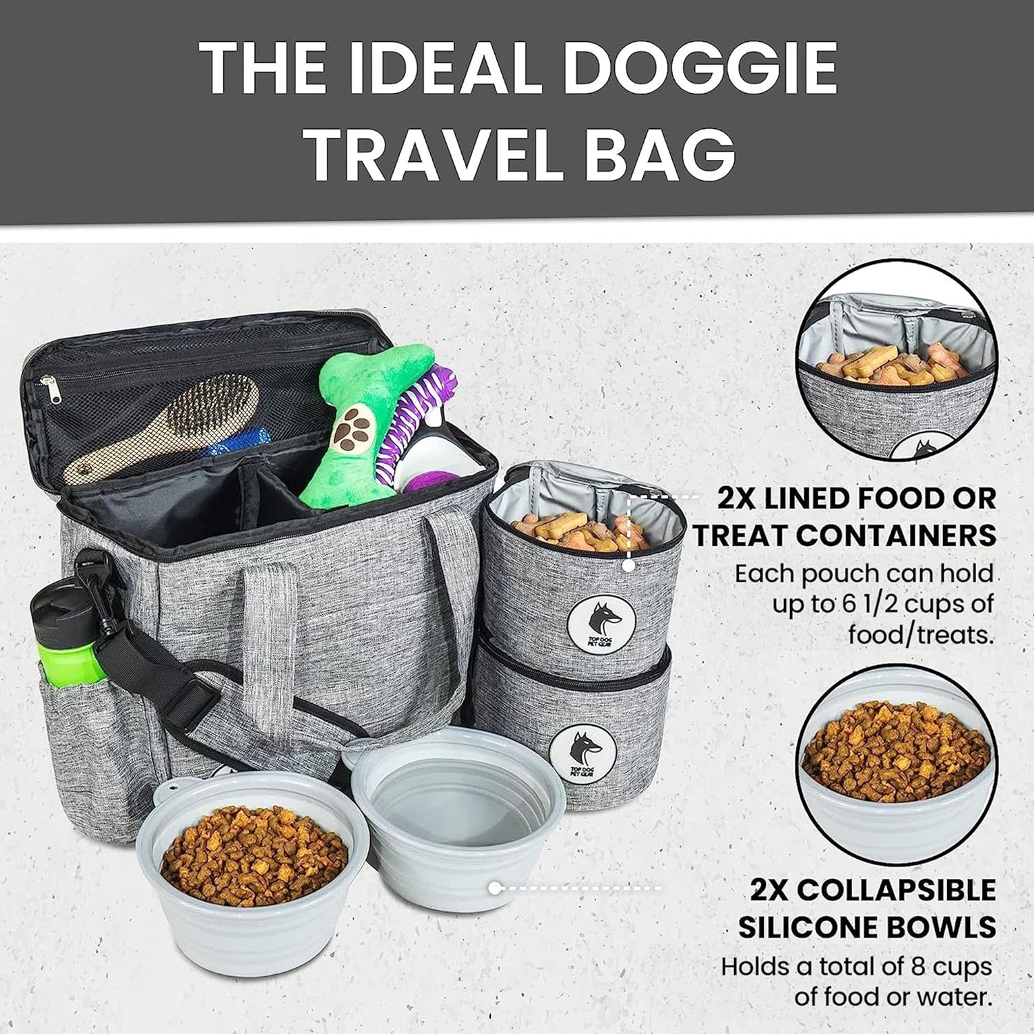 Grey Dog Travel Bag for Supplies - Includes Travel Bag, Travel Dog Bowls, Food Storage - Airline Approved Dog Bags for Traveling - Dog Travel Accessories for Camping, Beach