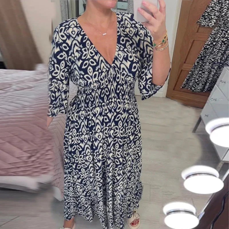 🔥Letzter Tag 49% Rabatt👗Bedrucktes Kleid mit V-Ausschnitt und weiten Ärmeln