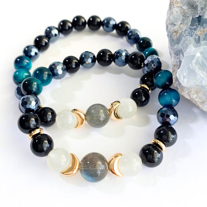 Triple Moon Protection Bracelet – Moonstone, Black Obsidian, Blue Tiger’s Eye, Hematite & Tourmalinated Quartz