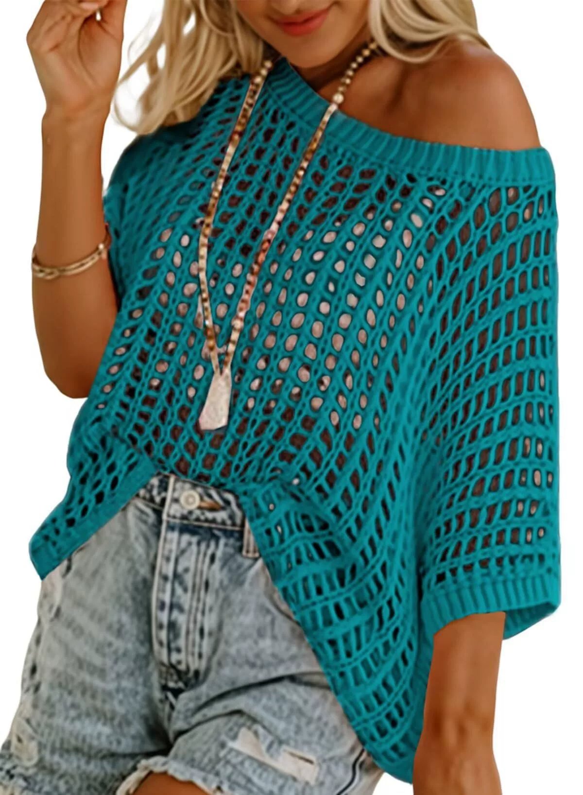 🎁TikTok Last Day Sale - 70% OFF🎉 Womens Summer Scoop Neck ShortSleeve Sweater Casual Crochet Hollow Out KnitTops