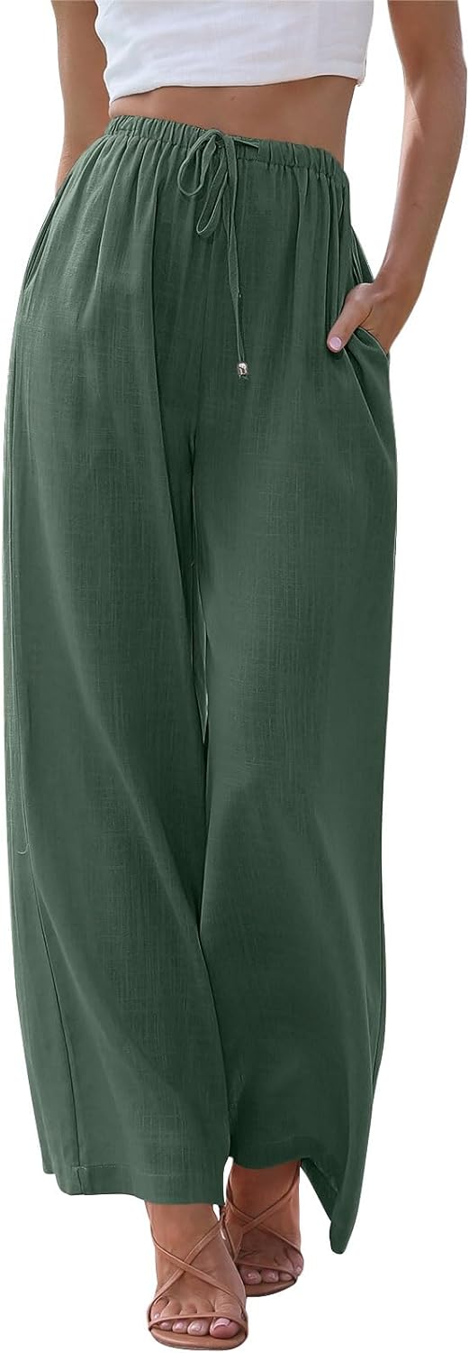 LILLUSORY Women's Linen Summer Palazzo Pants Flowy Wide Leg Beach Pants with Pockets