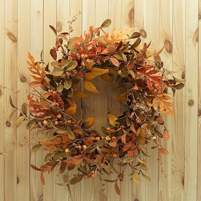 🍁🎁 Front Door Autumn Wreath Handmade Artificial Wreath with Bright Oak Leaves, Small Pumpkins, Berry Branches, 🎄 Mixed Leaves for Farmhouse Indoor and Outdoor Window Wall Door Decoration