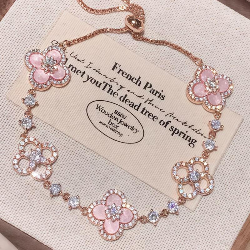 Lucky Clover Adjustable Bracelet - Sparkling Crystal & Zircon Floral Links