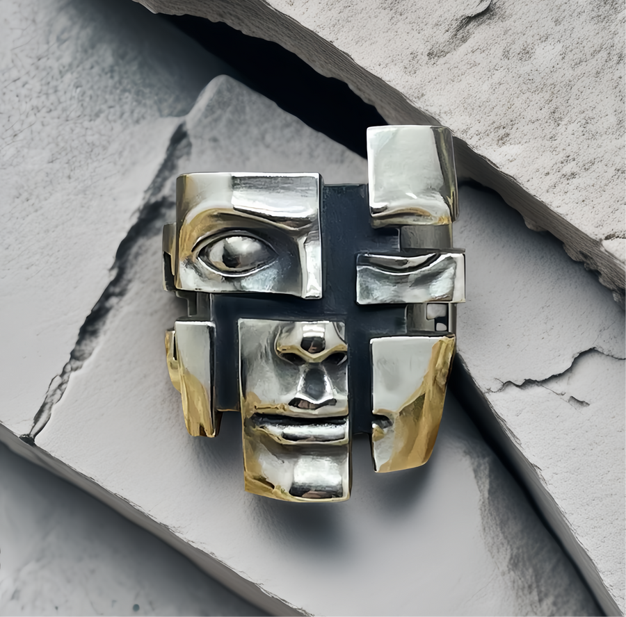 Split-Persona Mask Silver Ring