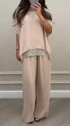 Women's Round Neck Shiny Splicing Casual Set