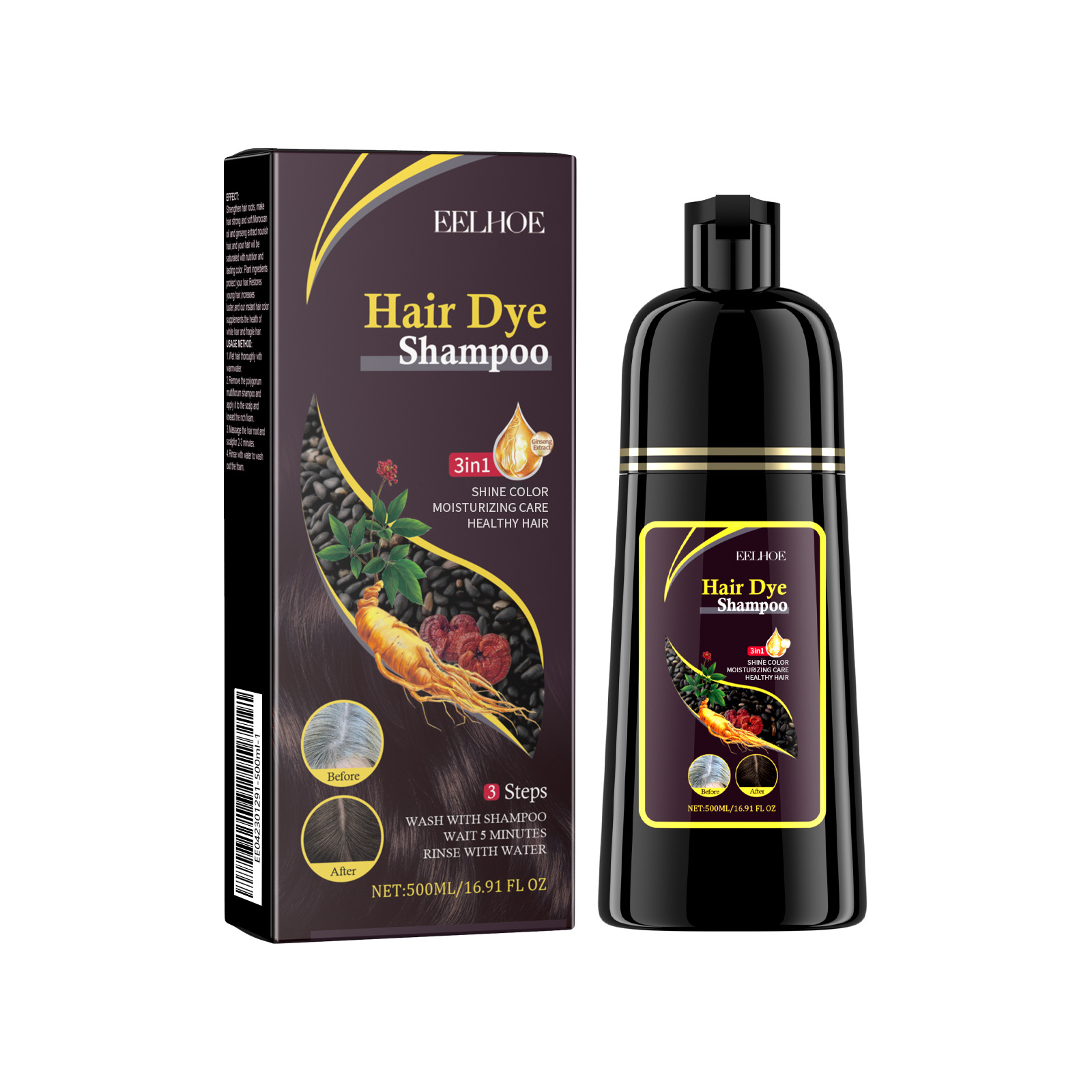 Black Hair Dye Shampoo Instant 3 in 1-100% Black Coverage