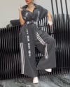 Women's Lapel Half-open Button Denim Print Casual Jumpsuit