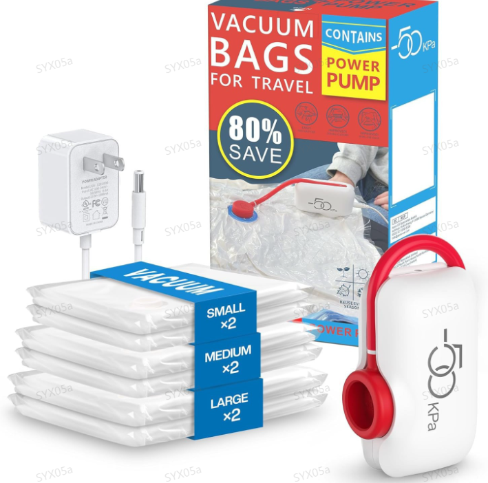 🔥6er-Pack leichte Reisetaschen mit elektrischer Pumpe 🔥 Kompakte Vakuum-Aufbewahrungsbeutel für Kleidung