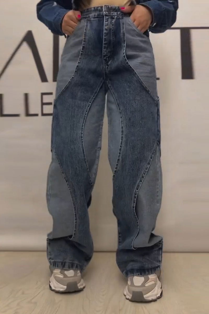 Women's Fashion Fake Two-Piece Set Contrast Color Stitching Hollow Jeans
