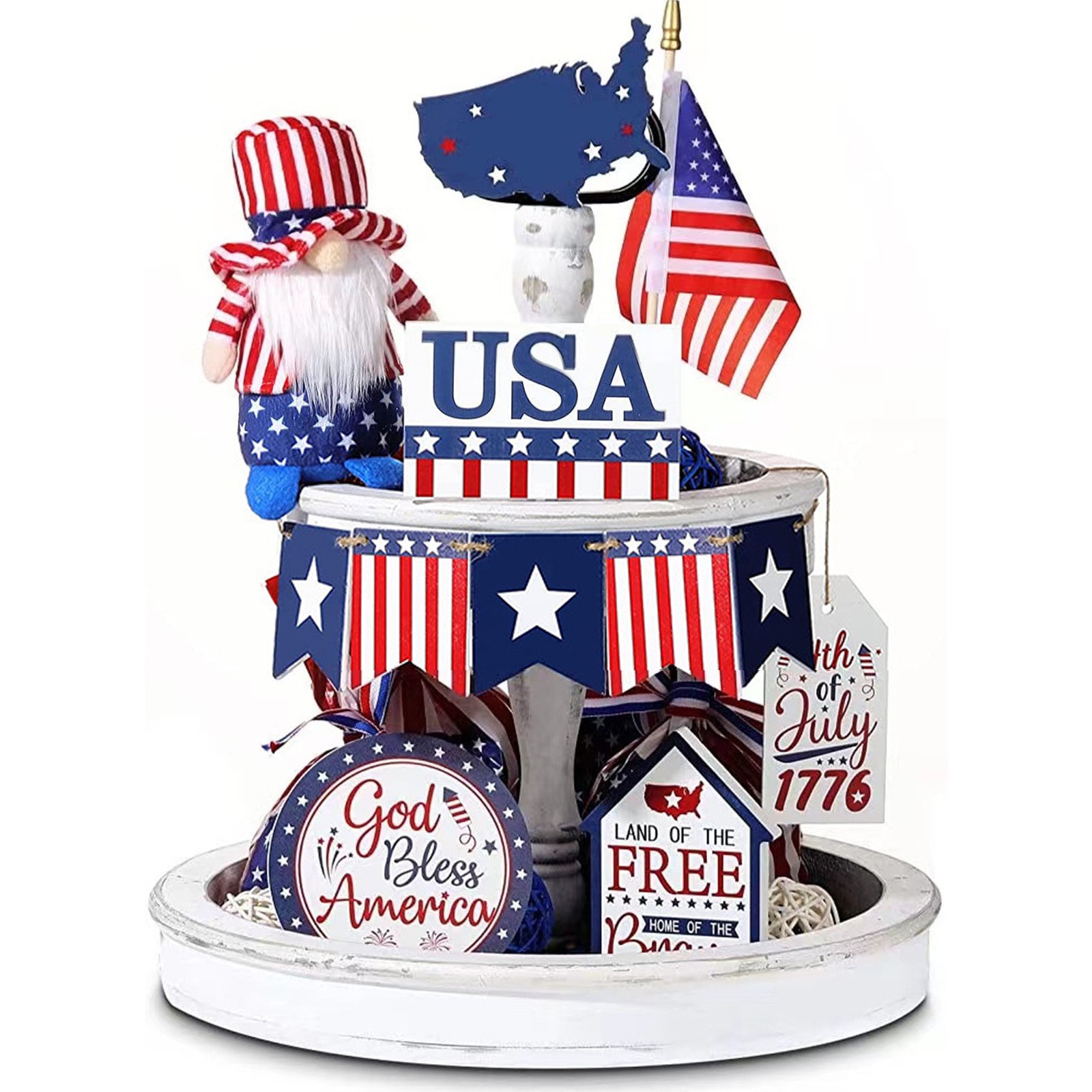 🔥Tabletop Decorations  Tiered Tray Decor WithPatriotic Wooden Signs