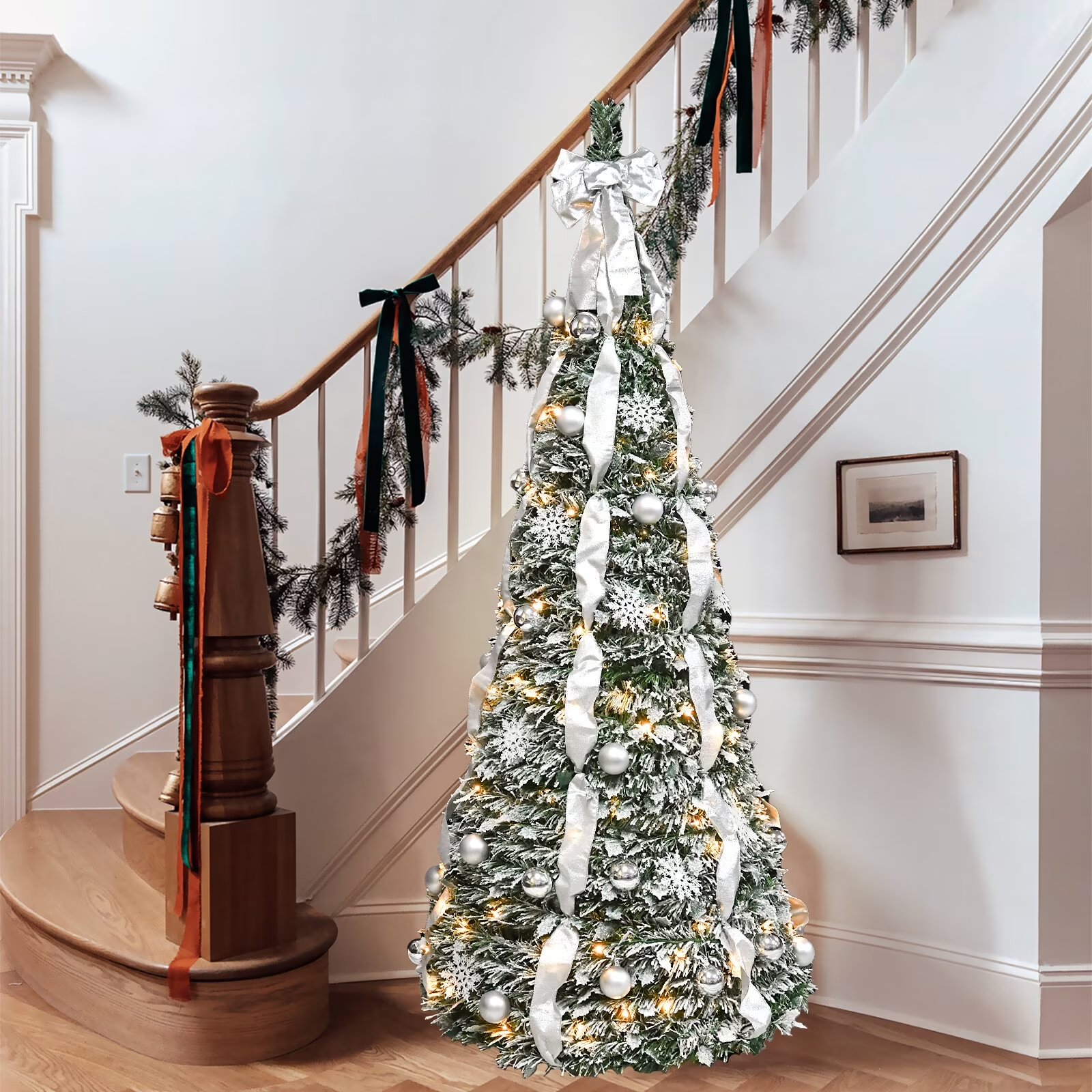 6FT Foldable Christmas Tree with LED Light and Ribbon
