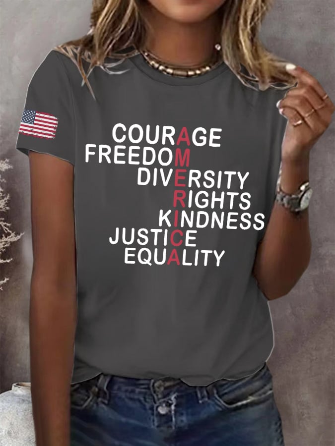 Retro America Courage Freedom Diversity Rights Kindness Justice Equality Print T-Shirt