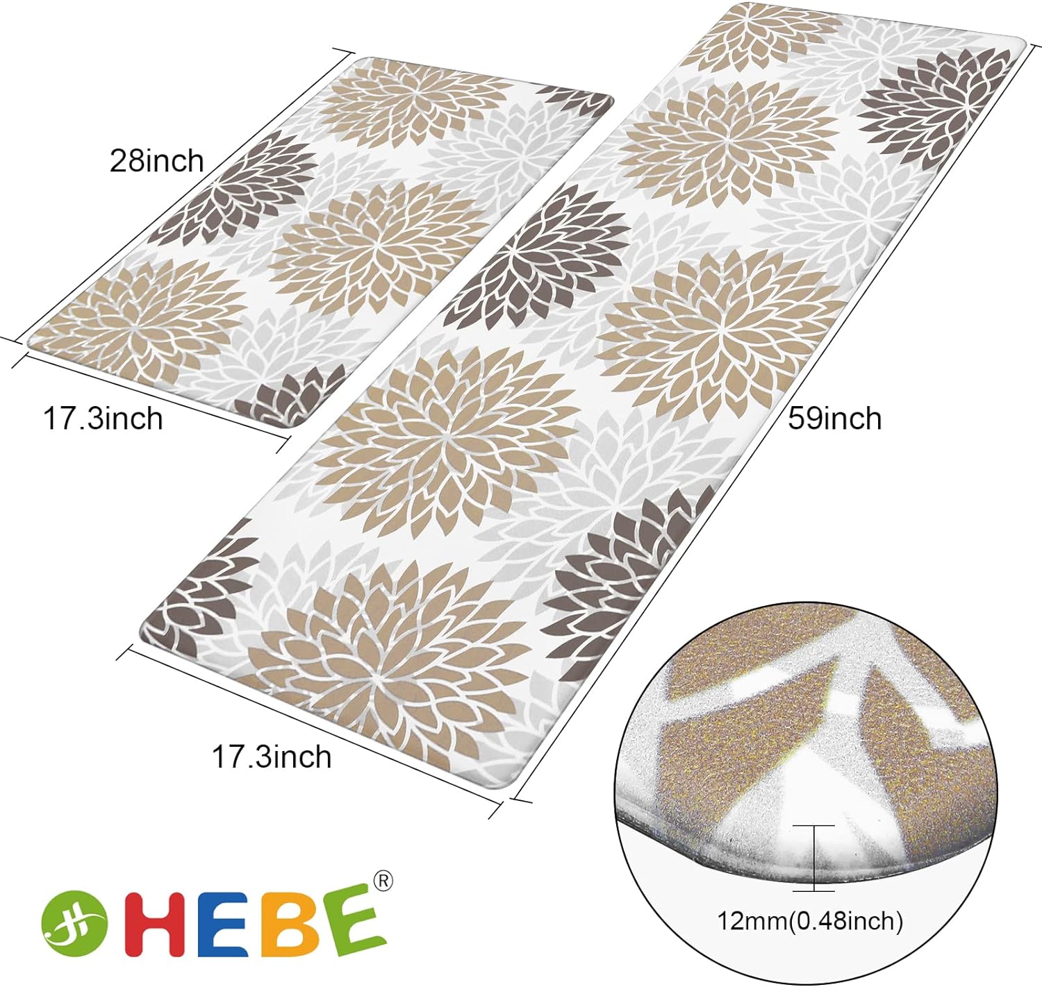 HEBE Anti Fatigue Kitchen Rug Sets 2 Piece Non Slip Kitchen Mats for Floor Cushioned Kitchen Rugs and Mats Waterproof Comfort Standing Mat Runner for Kitchen,Home Office,Sink,Laundry