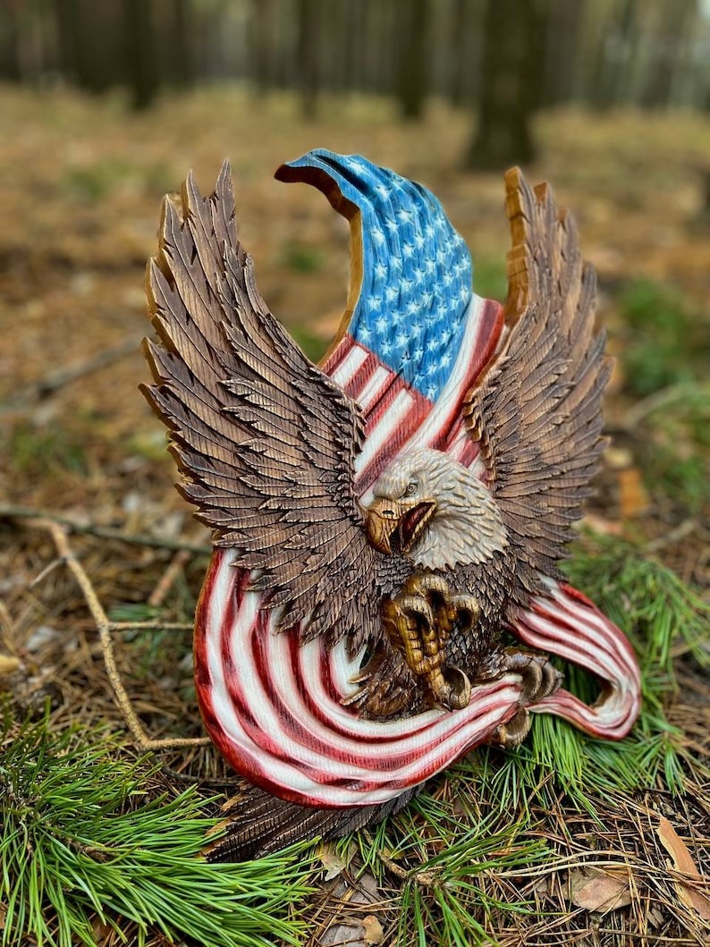 🔥Handcrafted Wooden American Flag with Bald Eagle