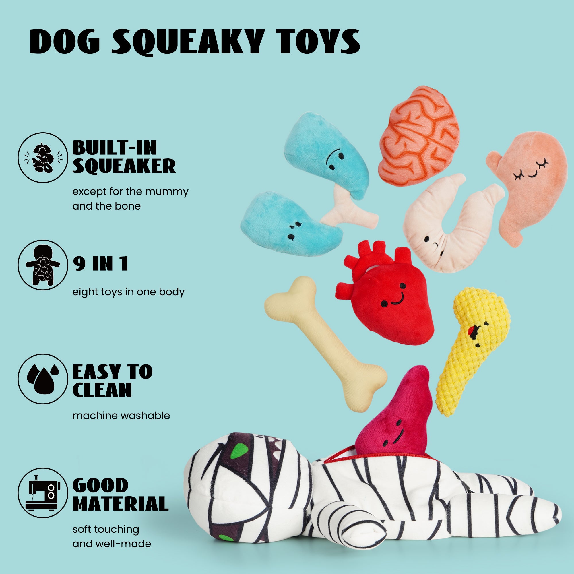 🐶9-in-1 Stuffed Plush Squeaky Dog Toys, Mummy Body