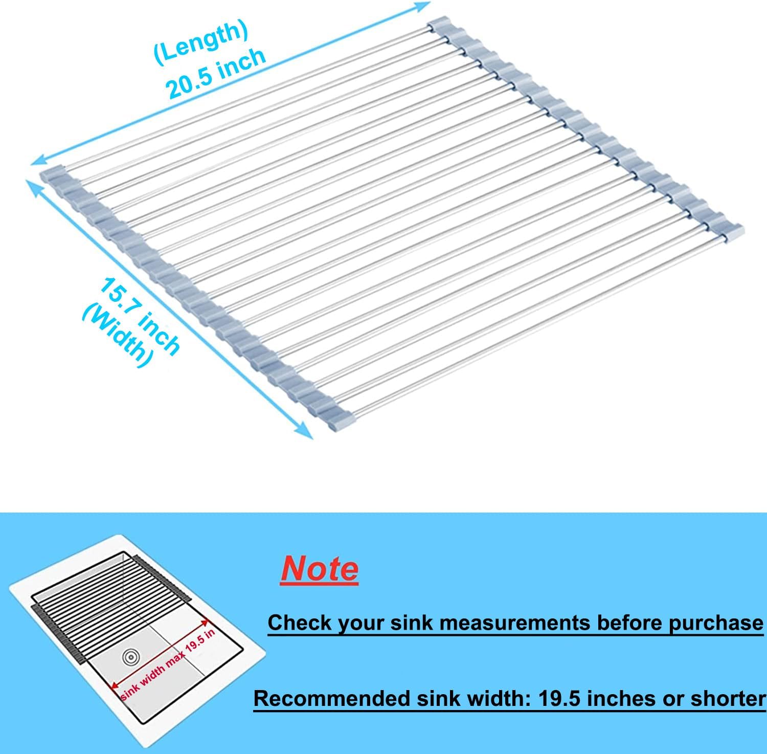 Seropy Roll Up Dish Drying Rack, Over The Sink Dish Drying Rack Kitchen Rolling Dish Drainer, Foldable Sink Rack Mat Stainless Steel Wire Dish Drying Rack for Kitchen Sink Counter Storage 17.5x11.8