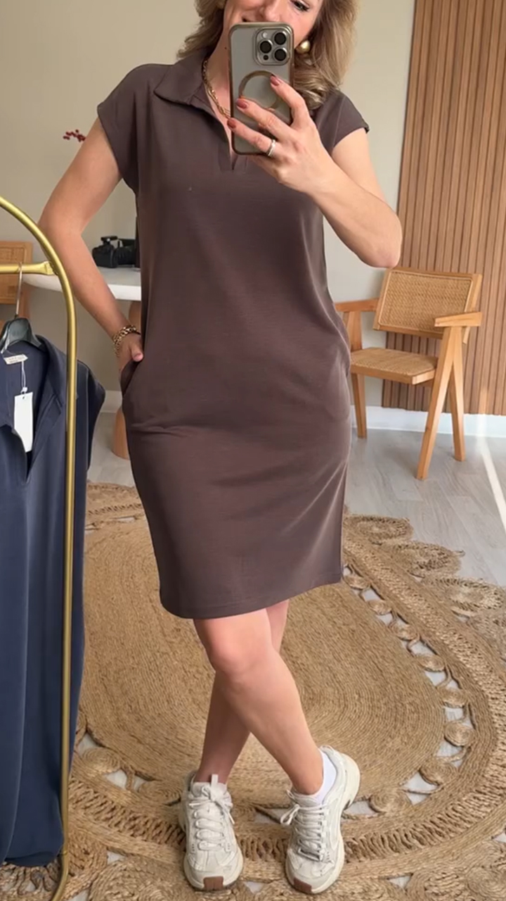 Ladies' Lapel Solid Color Casual Dress