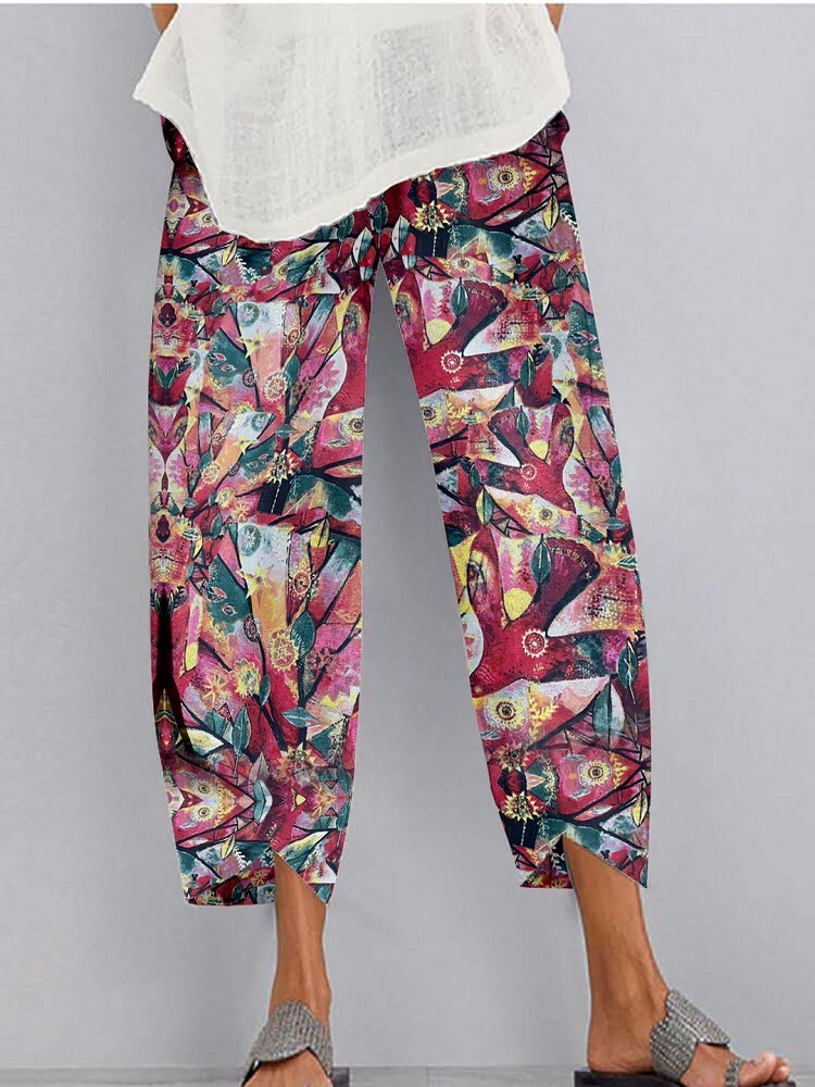 Women Loose Printed Abstract Elastic Waist Pocket Pants